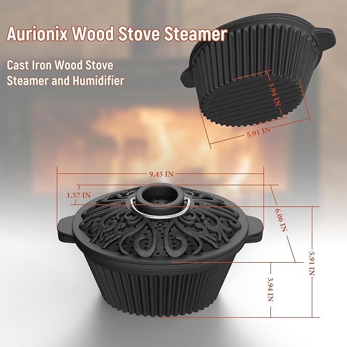 Cast iron Humidifier Seasonal Wood Stove Steamer with Sauce Pot, Camping Grill Essential, Non-Toxic Cast Iron Kitchenware for Indoor/Outdoor Use
