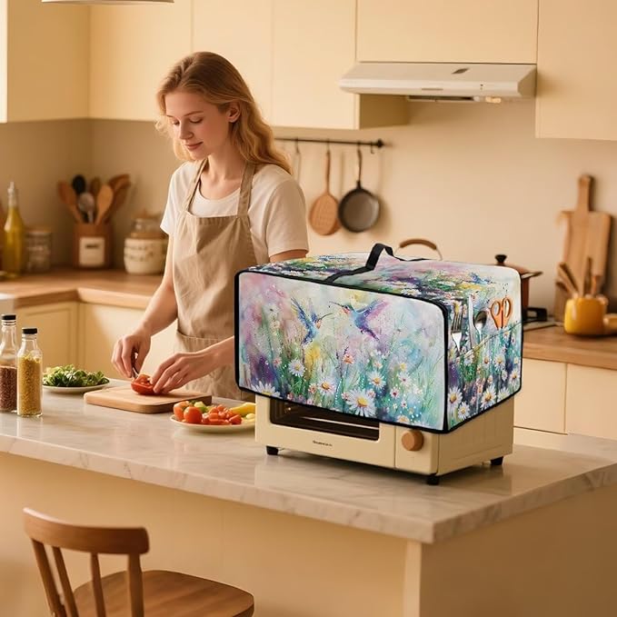 Watercolor Hummingbirds Daisy Print Toaster Oven Dust Cover, Heavy Duty Heat-resistant Microwave Oven Cover, Anti Fingerprint Air Fryer Covers (Small-14.5 * 18.46 * 9 inches)