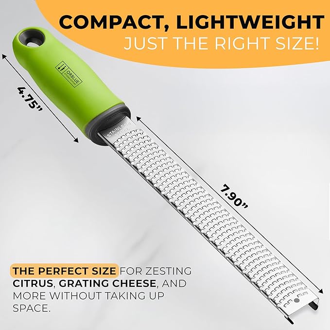 Orblue Lemon Zester & Cheese Grater - Premium Citrus Zester, Kitchen Grater for Parmesan, Chocolate, Fruits, Vegetables, Ginger, Garlic, Nutmeg - Stainless Steel Blades with Protective Cover, Green
