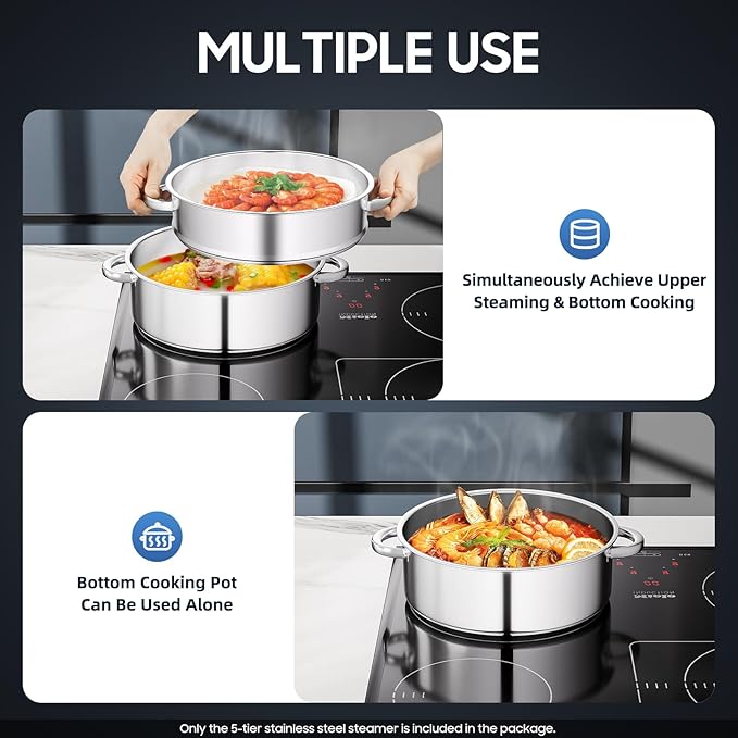 5-Tier Stainless Steel Steamer, 13.77 * 15.35inch Food Steaming Pot Meat Vegetable Cooking Steam Pot Multipurpose Steam Cookware Large Capacity Kitchen Tool with Lid for Steaming Pasta Dumplings