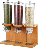 Easy Clean Cereal Dispenser Dry Food Dispenser Countertop Cereal Container Storage Dispenser with PC Bucket And Wooden Base,three barrel