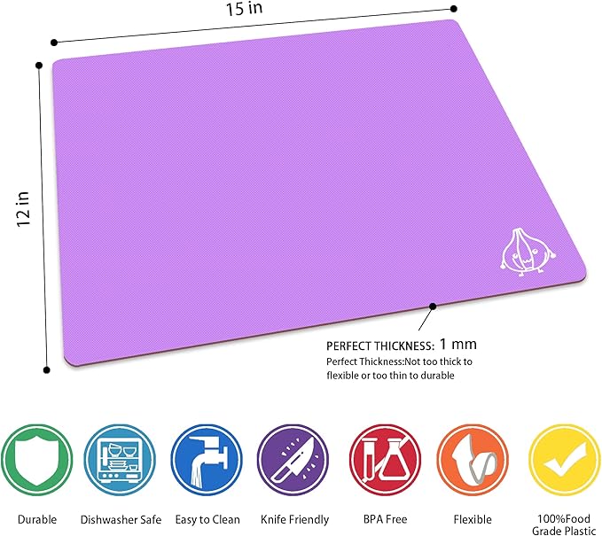 ZVP Flexible Plastic Cutting Board Set of 3 Gradient Color, Colorful Chopping Boards, BPA Free Mats, Non Slip, Dishwasher Safe, 15x12 Inch, Purple Multi-Color