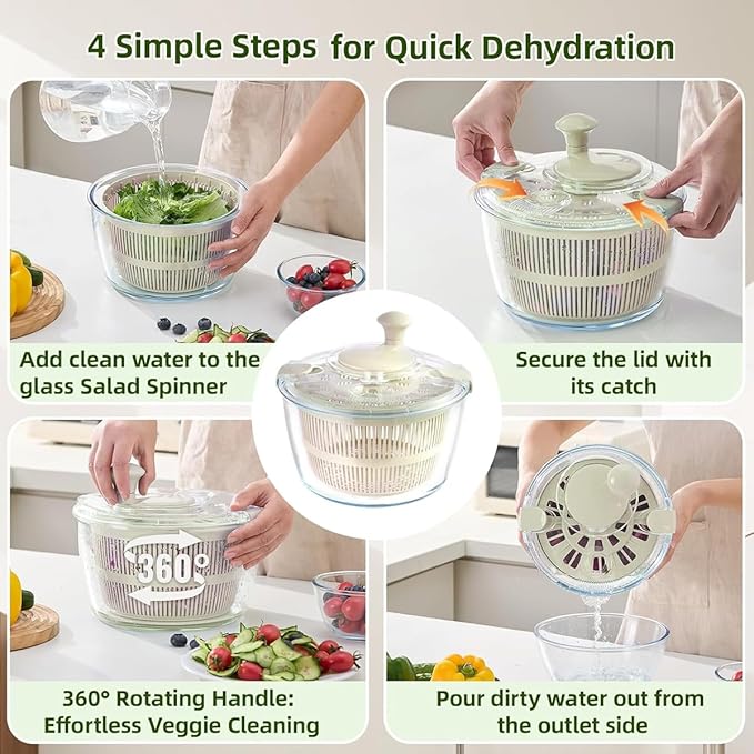 Borosilicate Glass Large Salad Spinner Vegetable Washer 5.2 Quart BPA-Free Slicer Drain with 5 Chopping Blades Dishwasher Safe Handle Washing and Dehydrating Lettuce Fruit Veggie Bowl