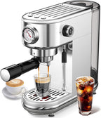 atatix Espresso Machine with Milk Frother, 20 Bar Pressure Espresso Maker, with 44OZ Removable Tank, Compact Stainless Steel Coffee Machine for Home, Office, Latte, Cappuccino, Macchiato, Silver