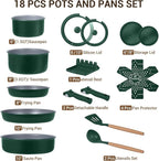 Ammeloo 18-Piece Ceramic Pots and Pans Set Non Stick, Non Toxic Cookware Set with Removable Handles, Pot Sets for Cooking, Induction Ready, Dishwasher & Oven Safe, PFAS PFOA & PTFE Free (Hunter Green)