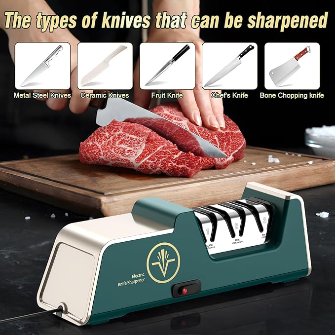 VIDOME Professional Electric Knife Sharpener with 100% Diamond Abrasives, 3-Stage Precision Angle Guides, Champagne Gold, for Kitchen Straight Edge and Ceramic Knives