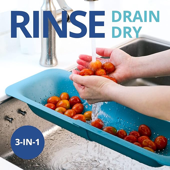 BLUE GINKGO Over the Sink Colander Strainer Basket - Wash Vegetables and Fruits, Drain Cooked Pasta and Dry Dishes - Extendable - New Home Kitchen Essentials (7.9 W x 14.5-19.5 L x 2.75 H) - Teal