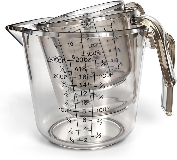 Plastic Measuring Cups Set, 3PCS with Pour Spout & Handle, Multi-Scale (cup | oz | ml) Stackable Liquid & Dry Measuring Tools for Baking Cooking, Essential Kitchen Gadgets (Coffee Brown)
