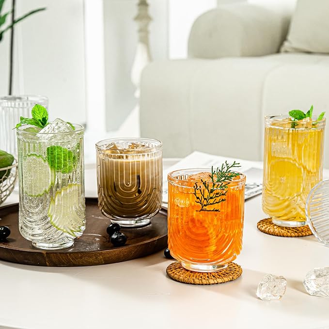 Ribbed Glassware Set of 8, 4 pcs Coffee Tumbler & 4 pcs Rocks Glass Cups, Durable Cocktails & Iced Coffee Cups, Versatile Drinkware for Juice, Smoothies, Whiskey, Wine, Elegant Glass Set for Women
