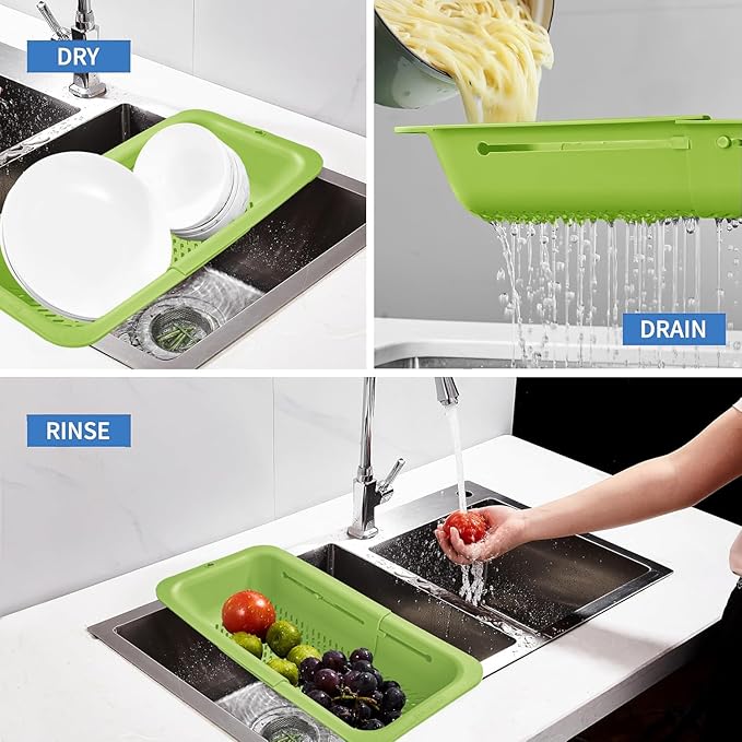 LASSHSWA Collapsible Colander for Kitchen, Over the Sink Strainer Basket for Kitchen, Fruit Pasta Food Strainer Expandable Plastic Colander BPA Free (Green)