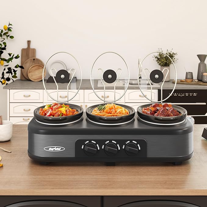 Triple Slow Cooker, Buffet Food Warmer with 3 * 1.5 Quarts Removable Ceramic Pots, Buffet Servers and Warmers with Glass Lids and 3 Spoons, Stainless Steel,Grey