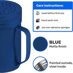 CUSINIUM 14oz Navy Blue Stainless Steel Salt Pepper Dredge Shakers - With Plastic Cap - With Handle - Pack of 2