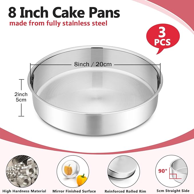 P&P CHEF 8 Inch Round Cake Pan Set of 3, Stainless Steel Round Baking Layer Pans Bakeware for Layer Birthday Cake, Fit Oven/Pots/Pressure Cooker, Leakproof & Dishwasher Safe, Silver