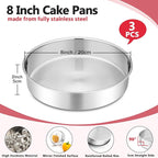 P&P CHEF 8 Inch Round Cake Pan Set of 3, Stainless Steel Round Baking Layer Pans Bakeware for Layer Birthday Cake, Fit Oven/Pots/Pressure Cooker, Leakproof & Dishwasher Safe, Silver