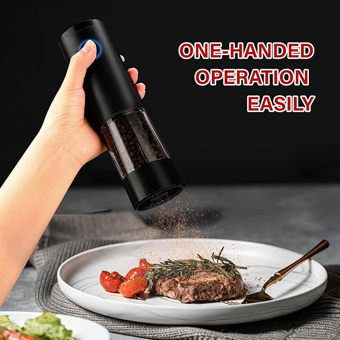 Electric Salt and Pepper Grinder Set - Battery Operated Spice Mills with Adjustable Coarseness, LED Light, Automatic Spice Grinder for Kitchen Appliance, with Cleaning Brush and Stand, Home Cooking