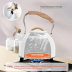 Tea Kettle, Vegoran 100 OZ / 3 Liter Whistling Tea Kettle, Tea Pots for Stove Top Food Grade Stainless Steel with Wood Pattern Folding Handle, Loud Whistle Kettle for Tea, Coffee, Milk (White)