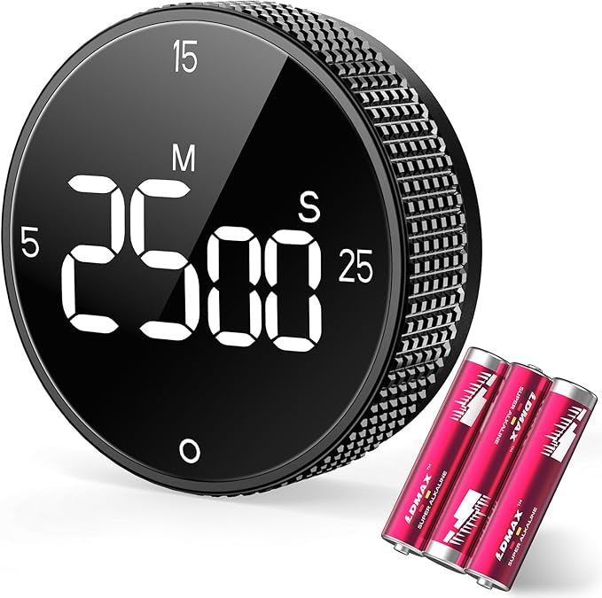 Magnetic Kitchen Timer for Cooking with Loud Alarm - Large LED Display Rotating Countdown Pomodoro Timer, Preset 5/15/25 Mins Easy for Seniors and Kids，for Baking Grilling Studying