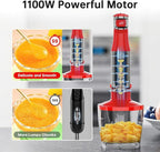 Immersion Blender Handheld Corded Hand Blenders Set 1100W, Trigger Variable Speed 5 in 1 Stick Emulsifier with Chopper, Whisk and Frother for Soup, Baby Food and Smoothies, Christmas red