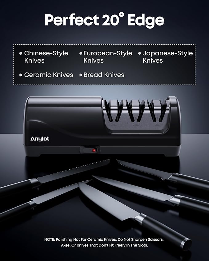 Electric Knife Sharpener for Kitchen, 3-Stage Knife Sharpener Electric with 100% Diamond Abrasives, 20° Precision Angle Guide, Fast & Safe Sharpening for Chef Knives, Home Use & Beginners (Black)