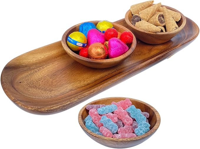 Acacia Wooden Calabash Bowls with Baguette Tray, 4-Piece Set: Three 4.25" Dip Bowls and 13.5" Bread Tray, Rustic Handcrafted Appetizer & Condiment Set