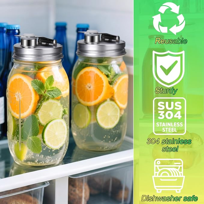 Mason Jar Pour Spout Lid Stainless Steel, Regular Mouth Pour Spout Flip Cap Lids for Mason Jars, Anticracking Leak Proof Seal Cover Airtight for Drinking Salad Dressing & Food Storing(2PCS)