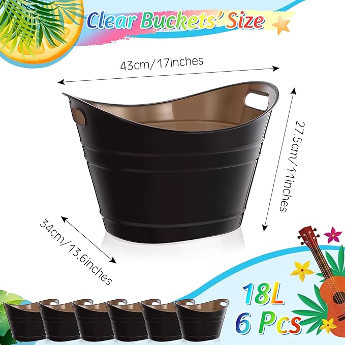 meekoo 6 Pcs Plastic Ice Buckets Bulk with Handles 4.5L Oval Storage Tub Large Capacity Ice Drink Bucket for Easter Summer Party Bar Wine Beer Champagne Beverage Bottle Cooler(18 L,Black)
