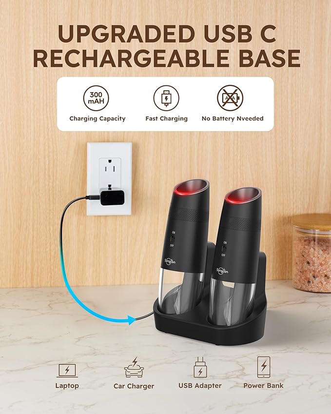 Sangcon Gravity Electric Salt and Pepper Grinder Set RECHARGEABLE, Automatic Salt Pepper Shakers with Charging Base - LED Light One Hand Operation, External Adjustable Coarseness Pepper Mill