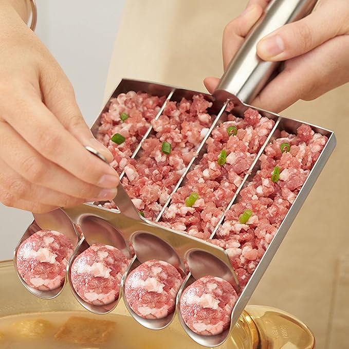 4-in-1 Meatball Maker Tool, 304 Stainless Steel Meatball Scoop & Mold, Makes 4 Uniform Meatballs at Once, Nonstick Release, Dishwasher Safe, for Pasta, Soup, Meal Prep & Party Appetizers