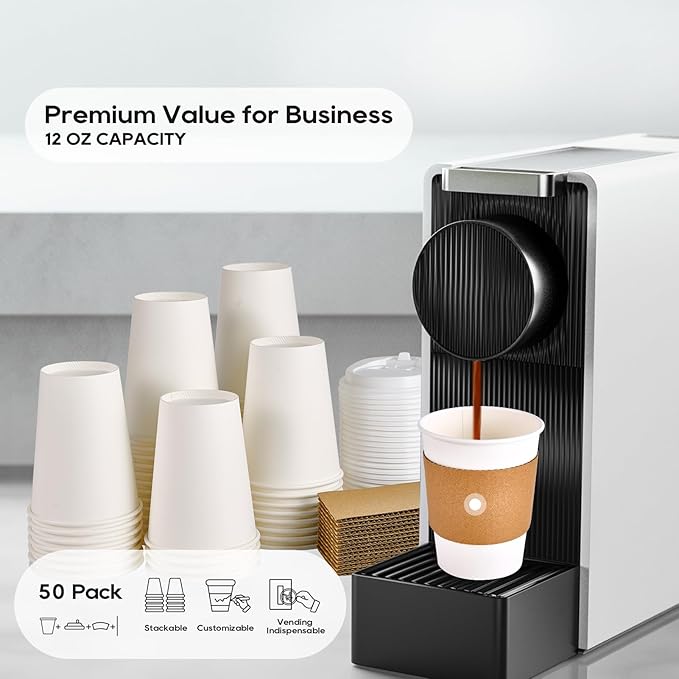 JOLLY PARTY [50 Pack] 12 oz Paper Coffee Cups, Disposable Paper Coffee Cup with Lids, Sleeves, and Stirrers, Hot/Cold Beverage Drinking Cup for Water, Juice or Tea, Suitable for Home, Shops and Cafes