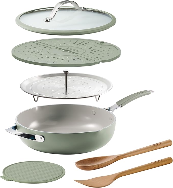 Tramontina Vue All-in-One Plus Pan Set, 5-Quart Ceramic Non Stick Cooking Pan with Glass Lid, Steamer Insert, Beechwood Utensils, Splatter Screen, Pot Holder, Green