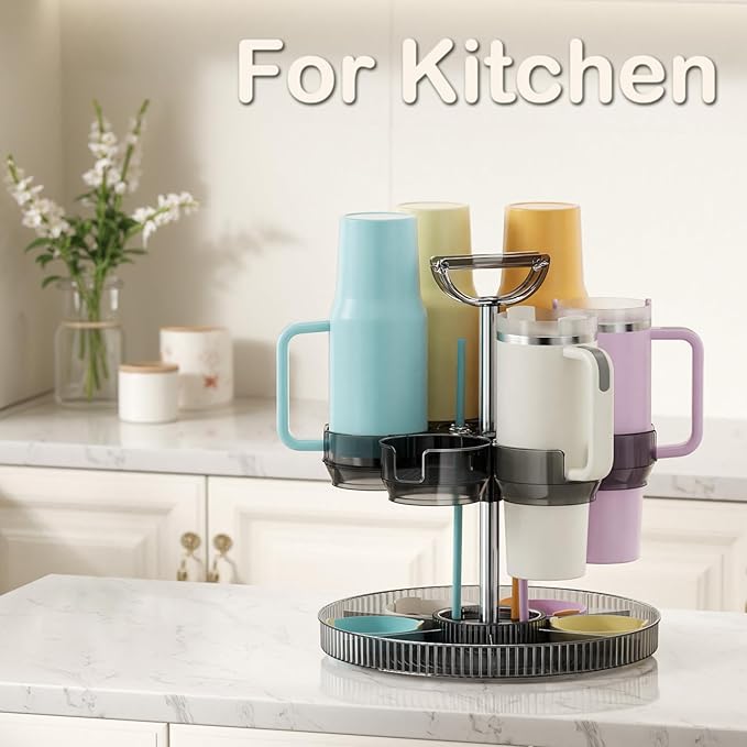 Rotating Coffee Bar Accessories Organizer, 2-Tier Lazy Susan Cup Holder for Stanley 40oz Tumbler with Handle, Countertop Drying Rack Station with Divided Tray for K-Cups, Snacks & Mugs