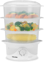 Kalorik Electric Food Steamer with Manual Controls 3-Tier with BPA Free Dishwasher Safe Baskets, 800 Watts and 60-Minute Timer Turbo Steam Feature and Easy Refill, 9-Quarts, White