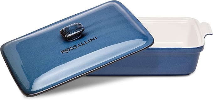 ROSSALLINI Stoneware Casserole Dish Bakeware Set with Lid, Covered Rectangular Dinnerware, Large 3.2 Quart, 11 by 9 Inch, Blu Indaco [Reactive Blue]
