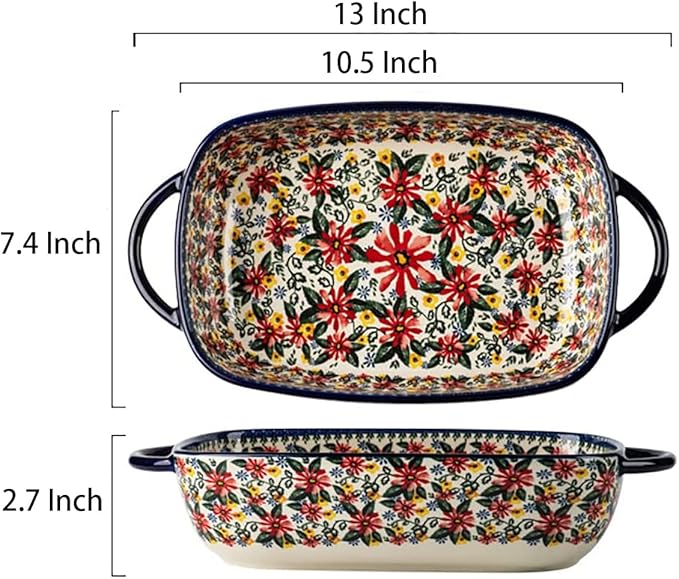 Red Daisy Flower Vintage Style Ceramic Bakeware Casserole Dish Baking Pan Lasagna Pans Baking Dish with Handles for Oven/Cooking/Kitchen-1 PCS, 60 OZ