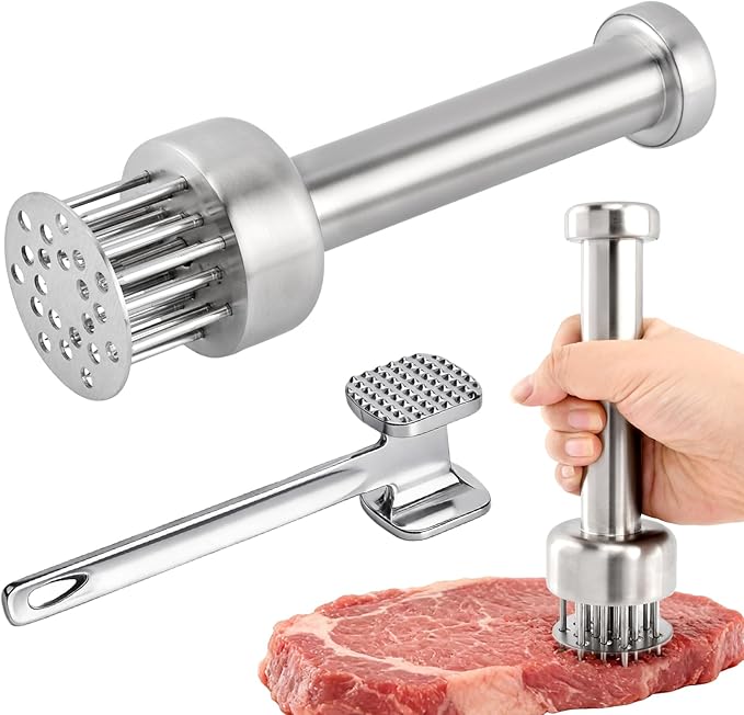 2 Pcs Stainless Steel Meat Tenderizer Tools,Meat Hammer and Meat Tenderizer Needle Meats Piercing for Tenderizing Beef Turkey Chicken and Steak(COLOR:Silver)