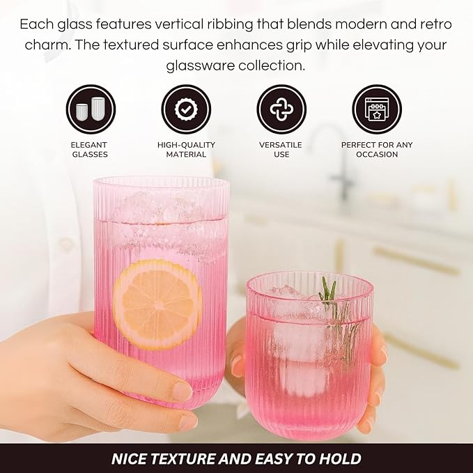 Khen Ribbed Textured Glassware | 8 Piece Set with 4 Highball 12.85oz and Lowball 9.13oz Tumblers Durable Reusable Water Juice Soda Iced Coffee Cocktail Lemonade Cups Dishwasher Safe