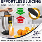 Eurolux Premium Electric Orange Juicer | Stainless Steel Citrus Squeezer With New Ultra-Powerful Motor and Soft Grip Handle for Effortless Juicing, Auto Shutoff, Dishwasher-safe Parts, Pulp Control