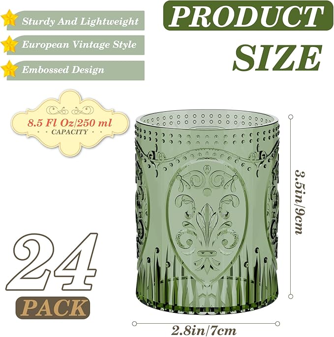 Qinyoung 24 Plastic Vintage Drinking Glasses 8.5oz Stemless Retro Embossed Wine Glasses Shatterproof Reusable Cups for Baby Shower Wedding Reception Grand Event Party (Dark Green)