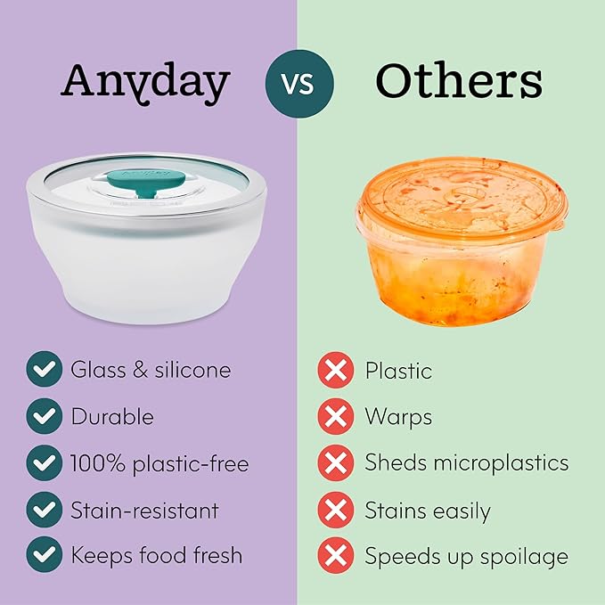 Anyday 4-Cup Microwave Cookware & Glass Container with Glass Lid, Plastic-Free Deep Food Storage | Stackable Airtight Steamer with Vented Lid for Microwave-Safe Reheating, Steaming Vegetables & Rice