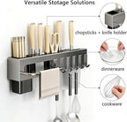 SEIDO Carbon Steel Utensil Rack – Space-Saving 12" L Kitchen Organizer with hooks & hanging bar, Gunmetal Gray Knife Holder, 2 Installation Options (Adhesive/Screwed)