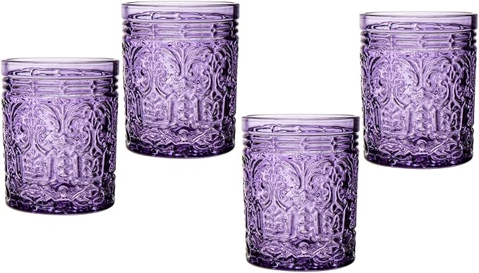 Godinger Old Fashioned Whiskey Glasses, Drinking Glasses, Vintage Decor, Glass Cups, Water Glasses, Cocktail Glasses - Jax Collection, 12oz, Purple, Set of 4