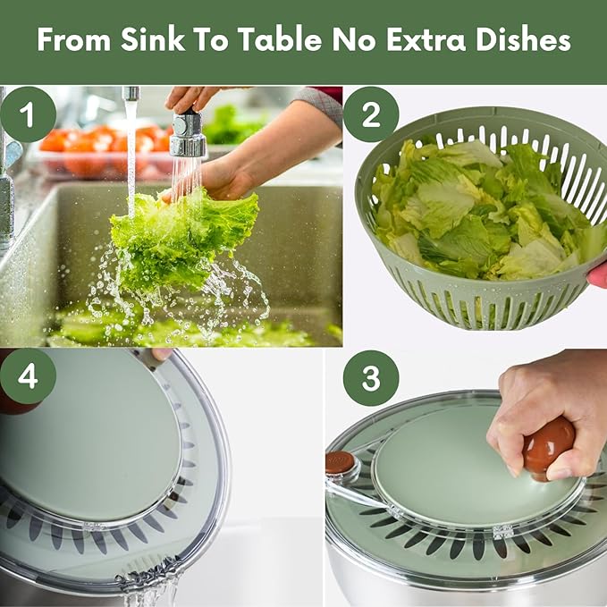 Stainless Steel Salad Spinner Large, BPA-Free Lettuce Spinner, 3-in-1 Salad Bowl & Fruit Cleaner with Non-Slip Base, Dishwasher Safe, 5 Blade Slicer & Egg Yolk Separator, 5.3Qt