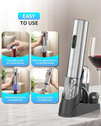 CIRCLE JOY Electric Wine Opener 7-in-1 Stainless Steel Rechargeable Electric Wine Bottle Opener Gift Set with Automatic Vacuum Pump, Foil Cutter, Wine Pourer, 2 Vacuum Stoppers & Charging Station