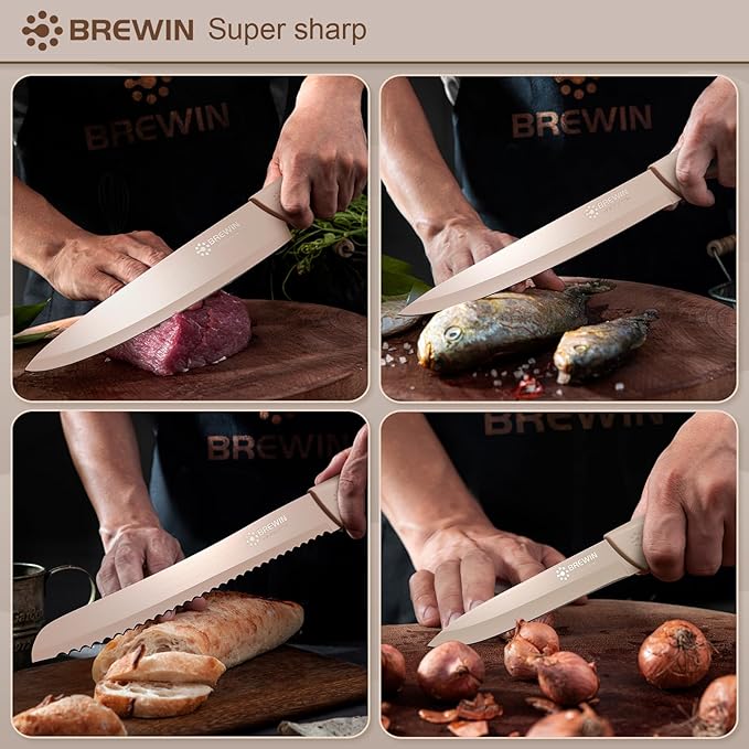 Knife Set, Brewin Kitchen Knife Set, Knives Set for Kitchen, Universal Knife Block, Utility Knife Block Set, New Home Essentials, Apartment Essentials, Dishwasher Safe