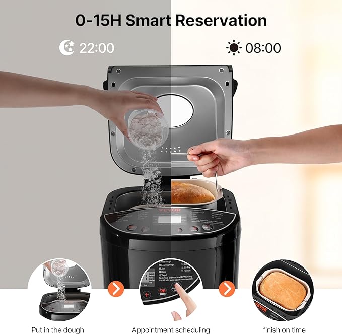 VEVOR Bread Maker, 19-in-1 2LB Dough Machine, Nonstick Ceramic Pan Automatic Breadmaker with Gluten Free Setting, Whole Wheat Bread Making, Digital, Programmable, 3 Loaf Sizes, 3 Crust Colors