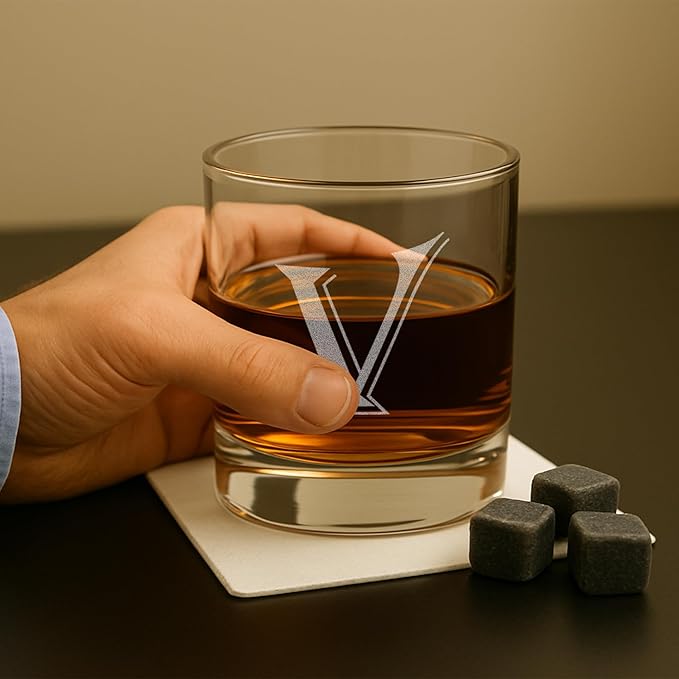 Monogrammed Gifts for Men - 4PC 11 Oz Custom Whiskey Glasses (V-Monogram) - Engraved Whiskey Glasses - Personalized Whiskey Glasses - Unique Bourbon Glasses - Personalized Glass Gifts for Dad