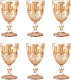 Vintage Wine Glasses Set of 6, 10 Ounces Colored Glass Water Goblets, Unique Embossed Pattern High Clear Stemmed Glassware Wedding Party Bar Glass Drinking Cups Floral Amber