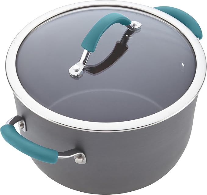 Rachael Ray Cucina Hard Anodized Nonstick Cookware Pots and Pans Set, 12 Piece, Gray with Blue Handles