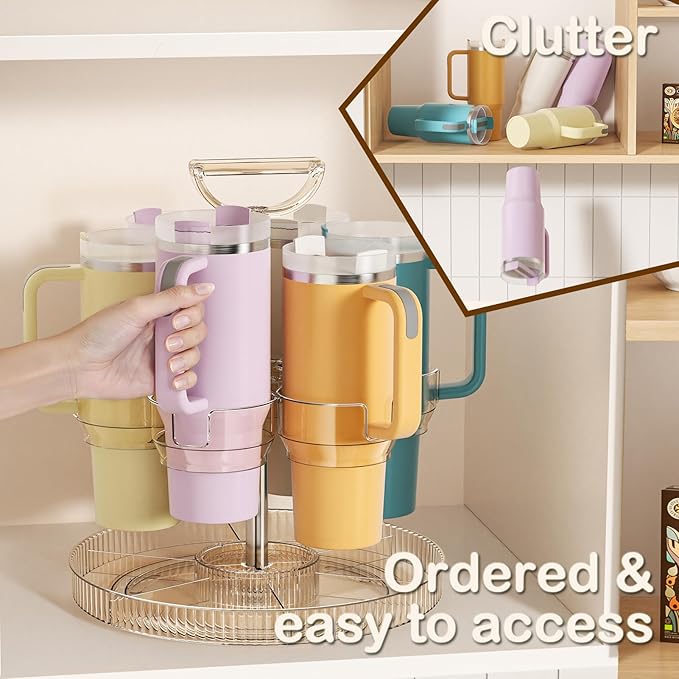 Rotating Coffee Bar Accessories Organizer, 2-Tier Lazy Susan Cup Holder for Stanley 40oz Tumbler with Handle, Countertop Drying Rack Station with Divided Tray for K-Cups, Snacks & Mugs