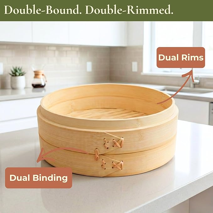 HAPPI STUDIO Bamboo Steamer Basket 10 Inch - 2 Tier Dumpling Steamer for Cooking Dim Sum Bao Buns Momo Rice Vegetables - Chinese Basket for Dumplings with Lid - Japanese Steam Baskets